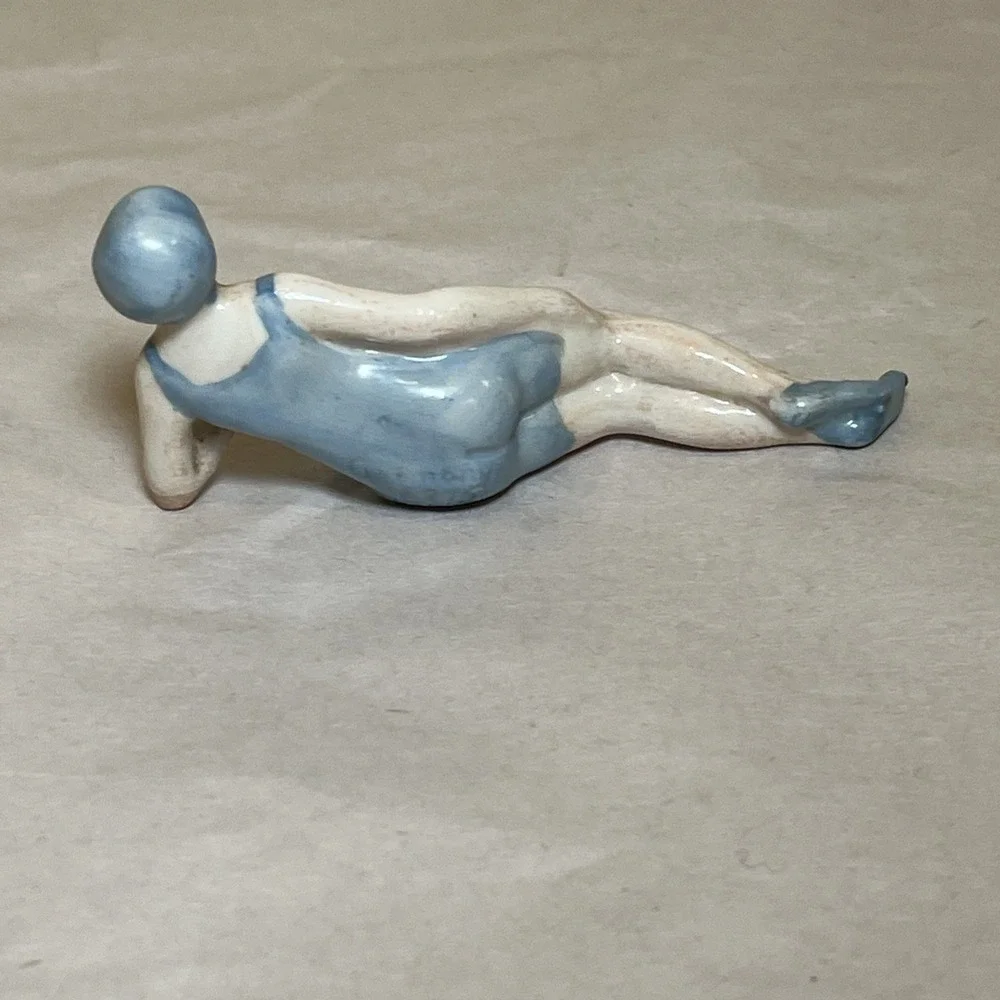 Antique German Art Deco Bisque Bathing Beauty Blue Suit Cap Laying Germany 6875